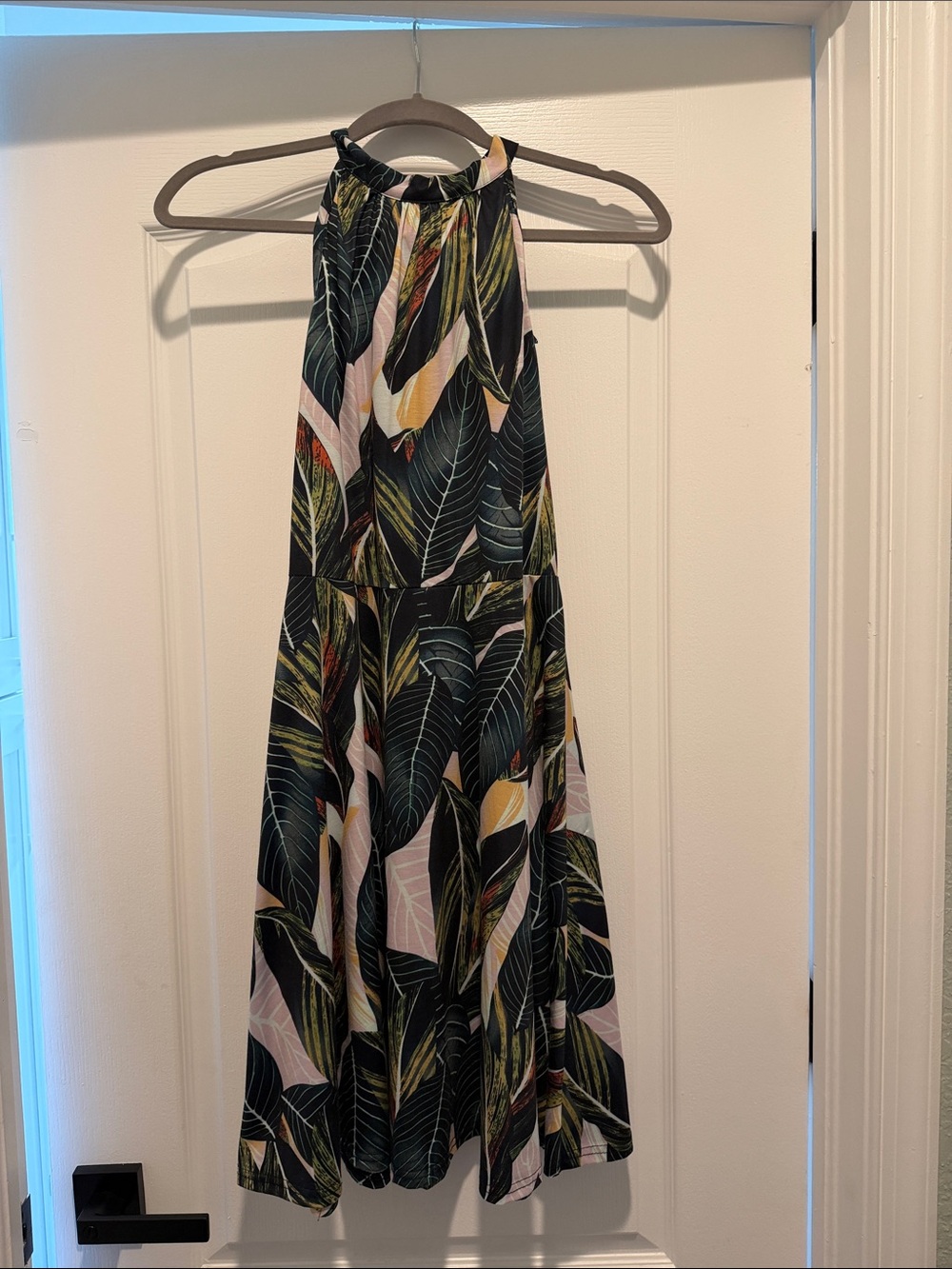 Leaf-Print Halter Midi dress in Black and Green pink leaf pattern
